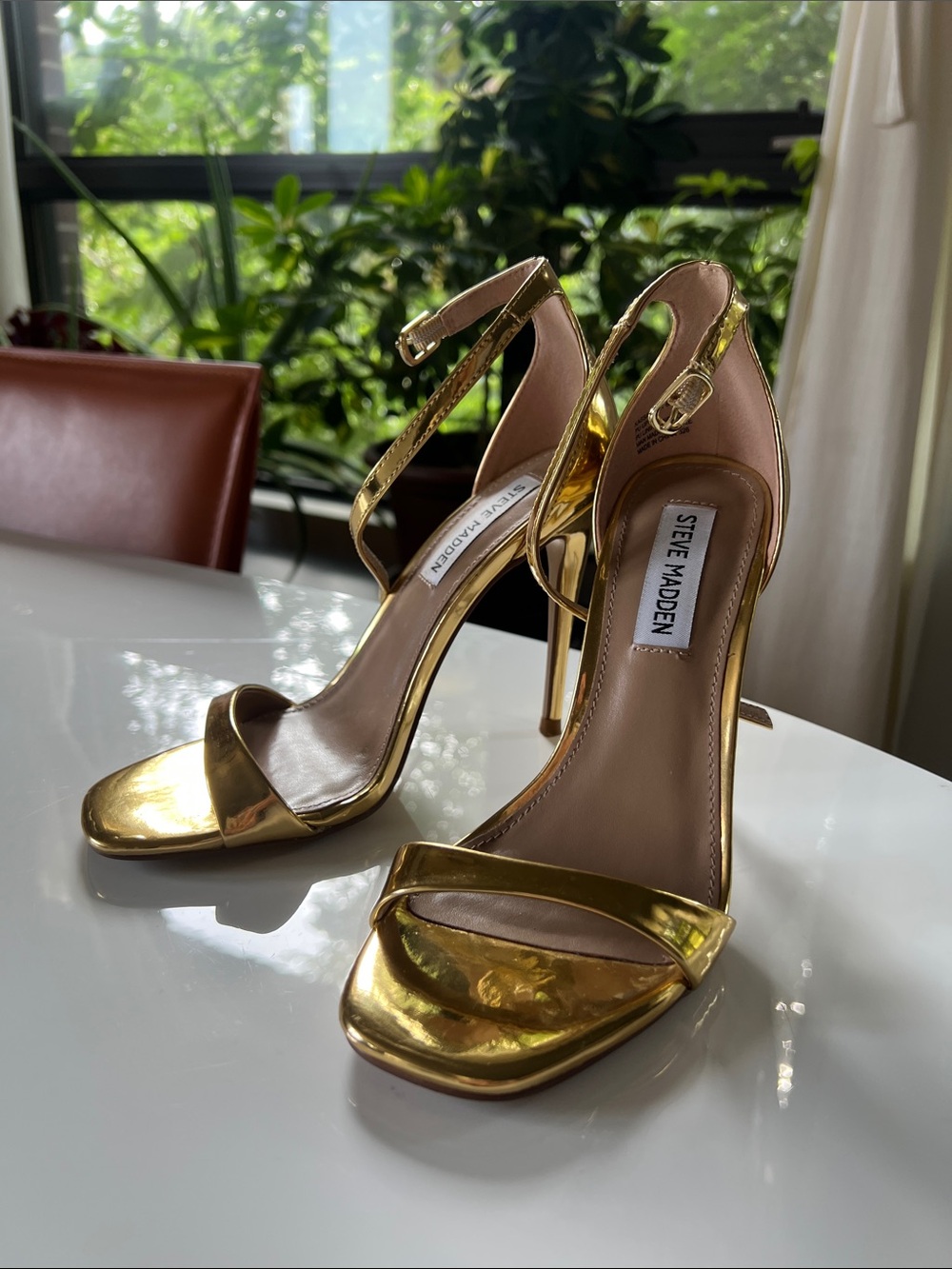 Steve Madden Gold Metallic Strappy Ankle-Heel Sandals